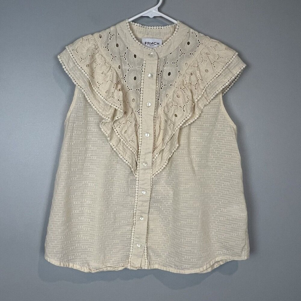 FRNCH Paris Eyelet Lace Ivory Blouse Size Small Sleeveless CottageCore
